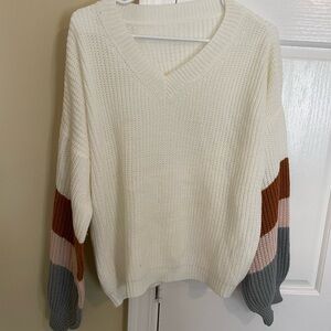 Colorblock V-Neck Sweater - Cream, Brown, Gray